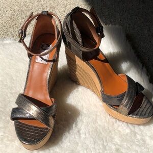 Vintage Lanvin Metallic Bronze and Tan Wedge Sandals, Size 9- 9.5 (US)